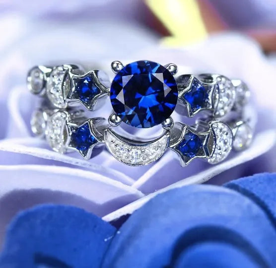 New creative moon ring for women with blue gem inlay diamond treatment silver tone