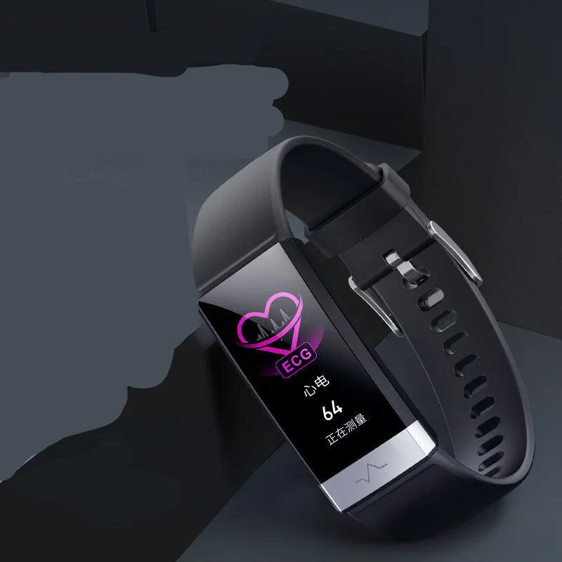 V19 smart fitness bracelet with colour screen on a wrist, shown in black, blue, and red colour options.