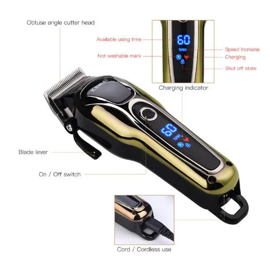 Professional rechargeable hair clipper with gold finish, guide combs, and lithium battery