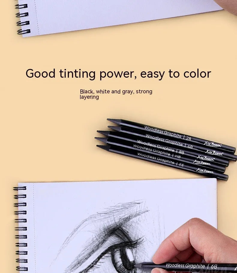 Set of six wood-free graphite sketching pencils in grades HB 2B 4B 6B 8B EE