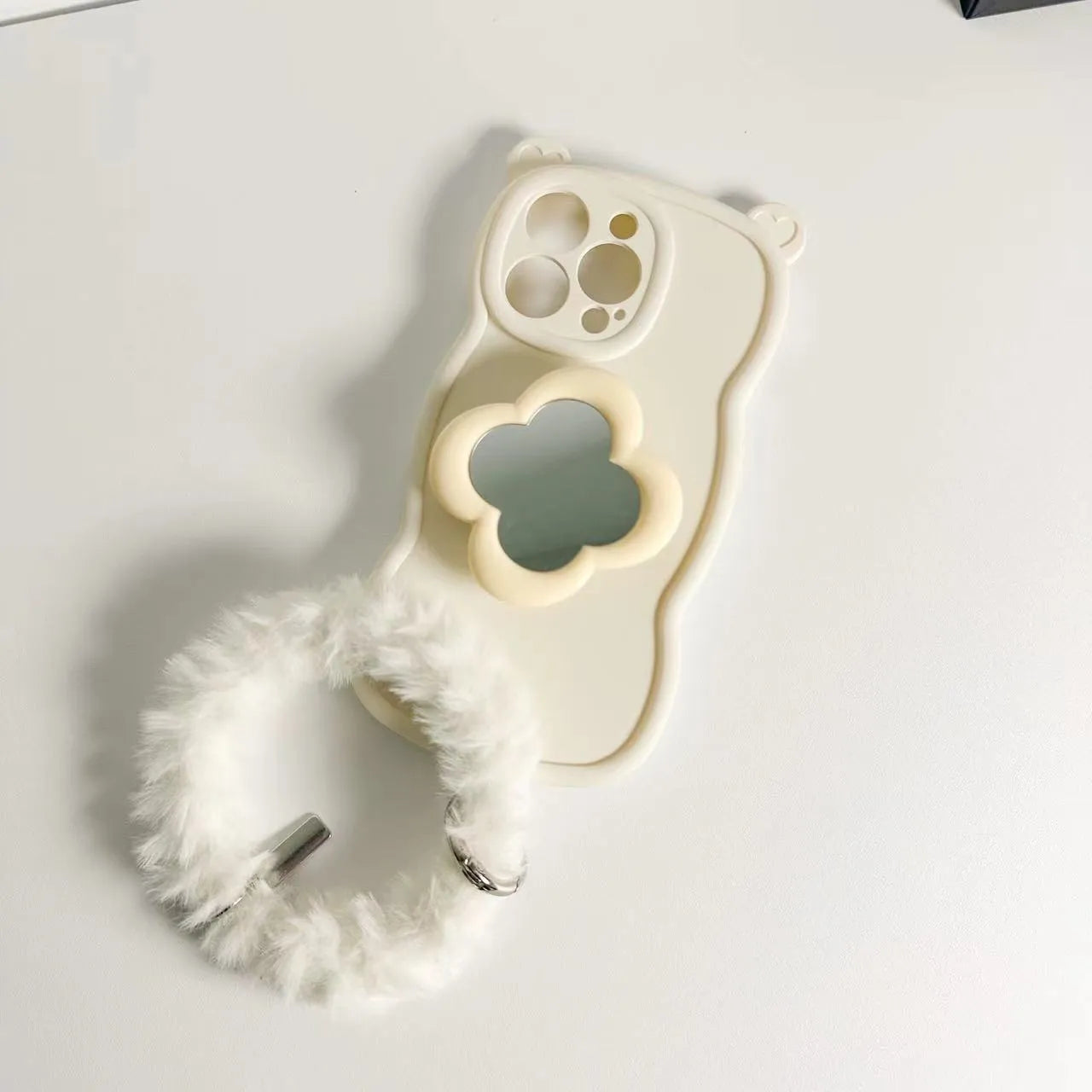 Silicone mirror bracket phone case with plush ring for iPhone, available in green, rose red, white, wine red