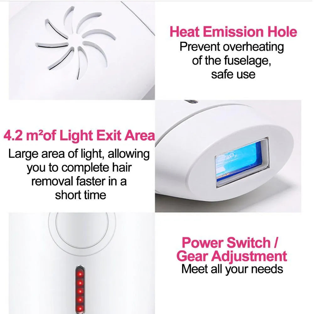 White home laser hair removal instrument with display, showing compact size and included adapter.