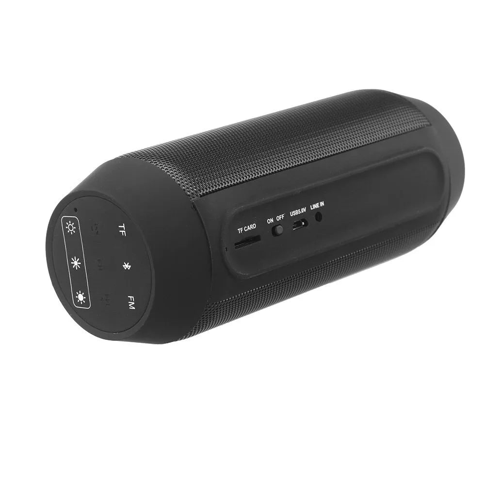 Mini black Bluetooth speaker with a ring of colourful LED lights, showing controls for Bluetooth, FM, and TF card playback.