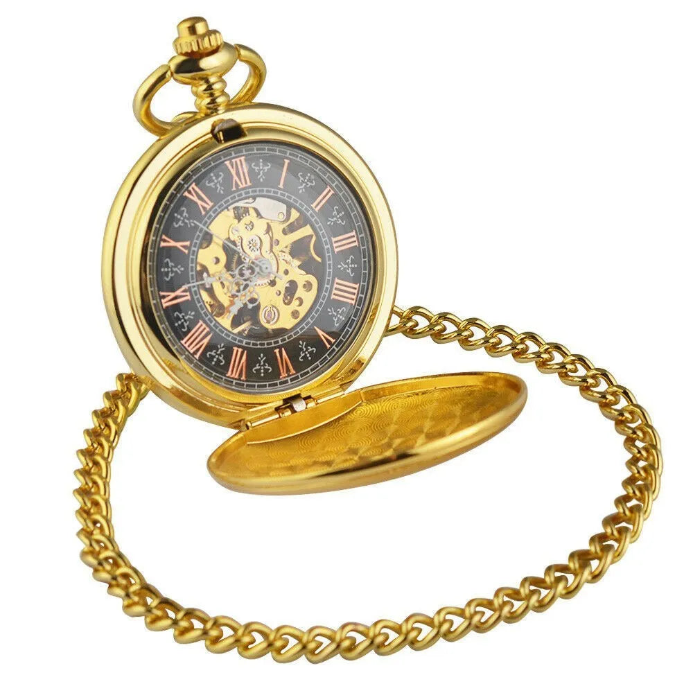 Retro automatic mechanical pocket watch with hollow floral dial and transparent back showing movement