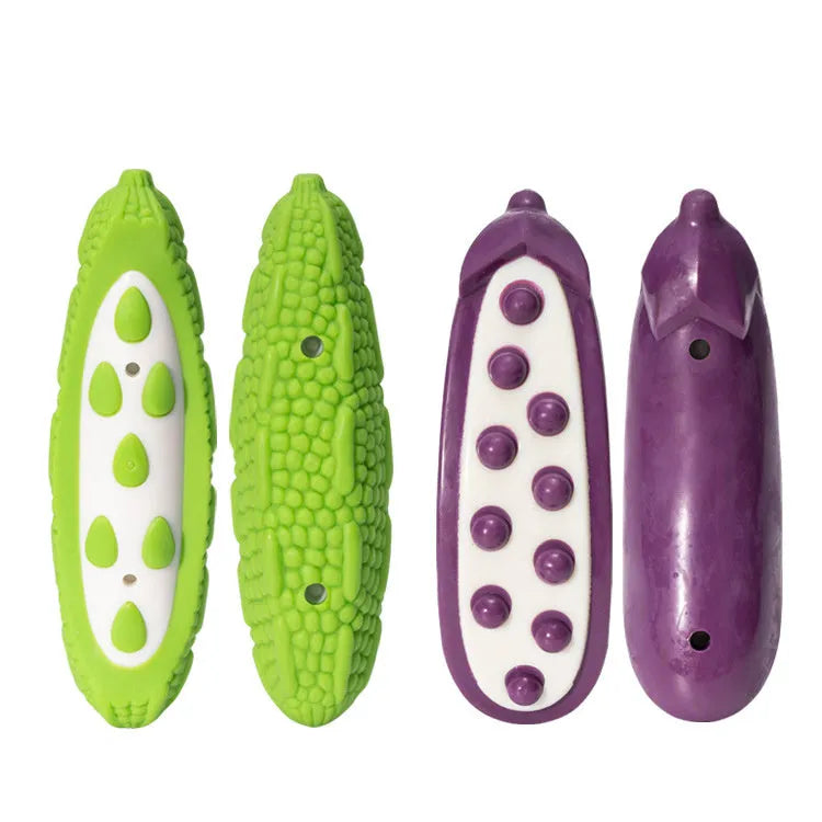Green and purple dog chew toys showing simulation texture, available in large and small size options