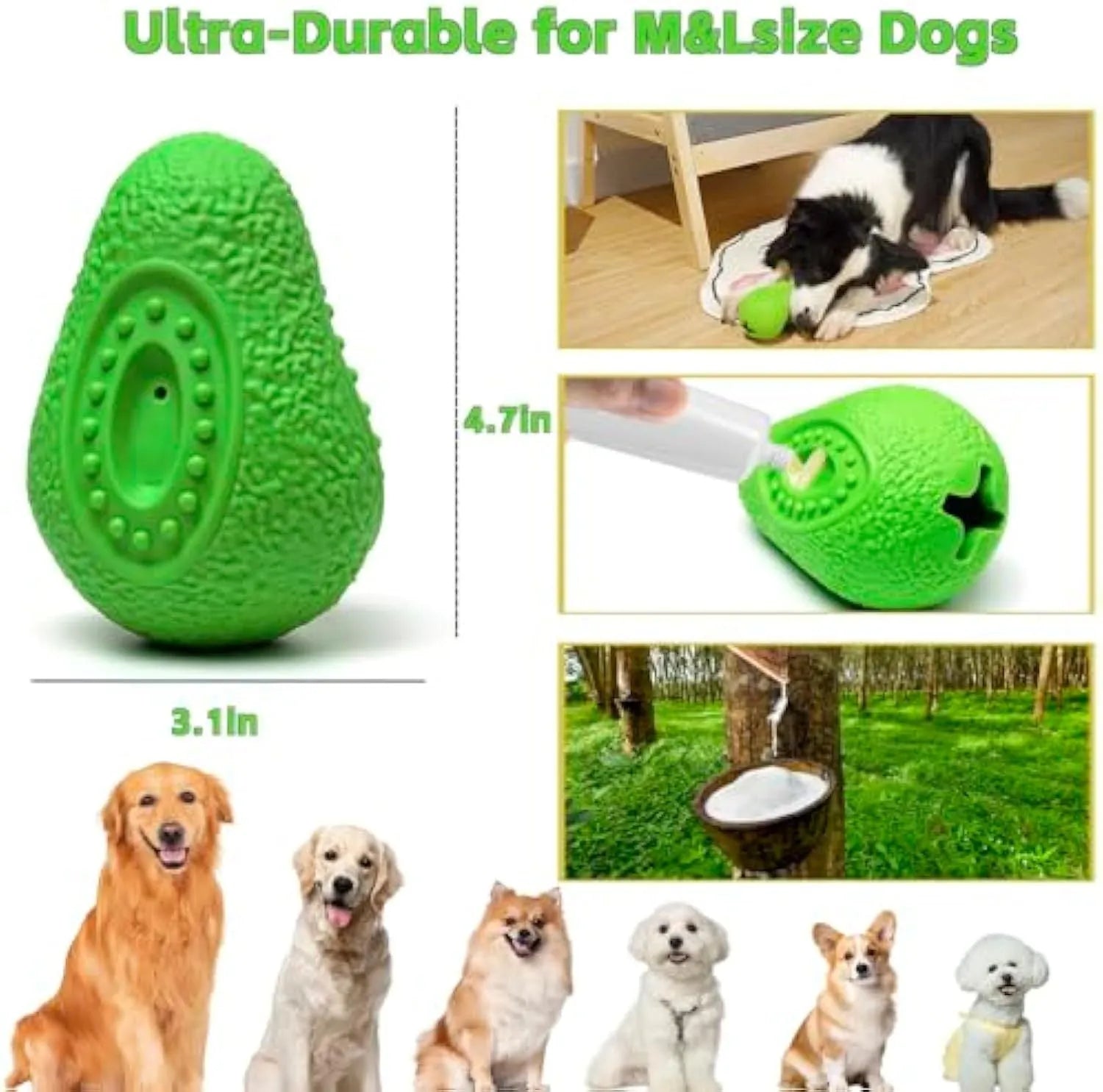 Green avocado-shaped natural rubber dog chew toy for aggressive chewers on a white background.