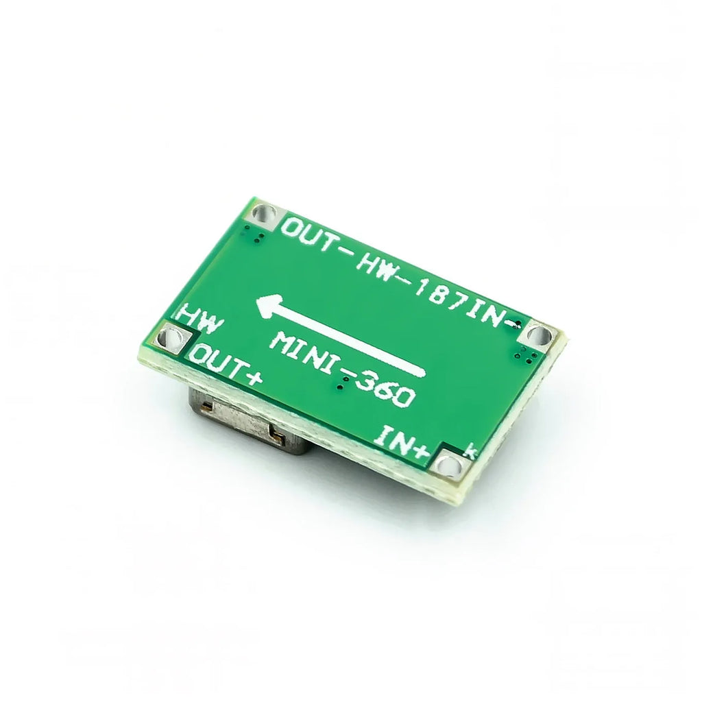 Mini 360 green DC-DC buck converter module measuring 17x11mm with voltage adjustment potentiometer