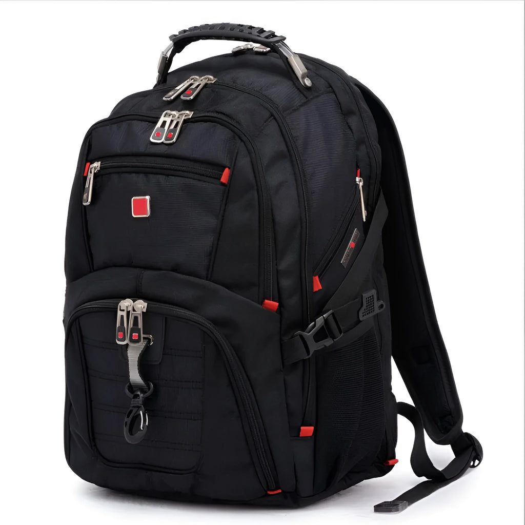 Black business computer backpack open to show three compartments and laptop sleeve.
