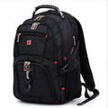 Black business computer backpack open to show three compartments and laptop sleeve.
