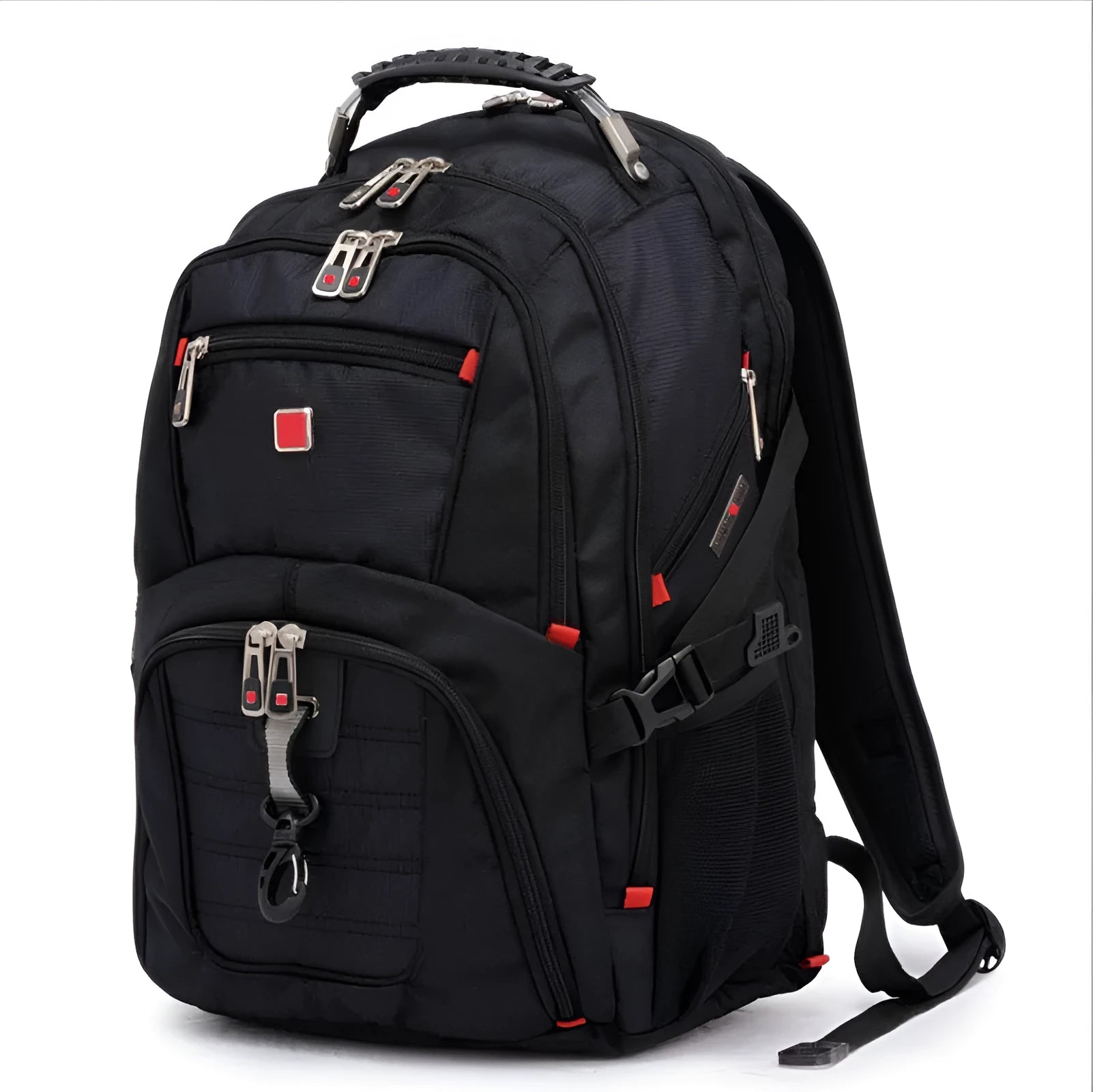 Black business computer backpack open to show three compartments and laptop sleeve.