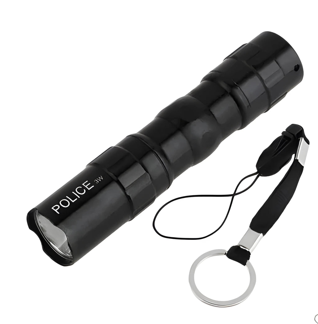 Small black aluminium alloy LED mini flashlight showing scale next to a AA battery.