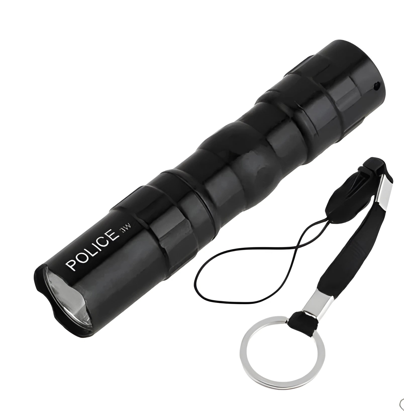 Small black aluminium alloy LED mini flashlight showing scale next to a AA battery.