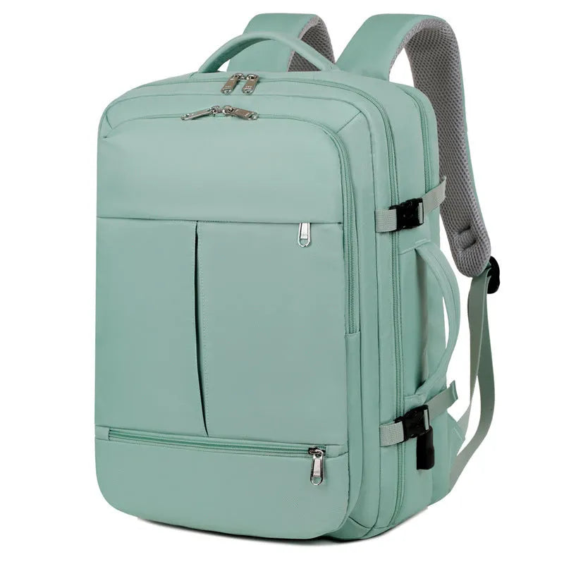 Waterproof oxford cloth backpack showing multiple pockets and zippers with 15.6 inch laptop compartment