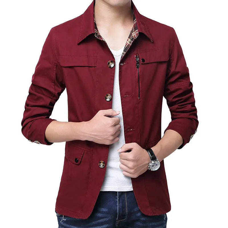 Men's slim thin cotton jacket in Army Green with concealed pockets, 95% cotton, Asian sizing