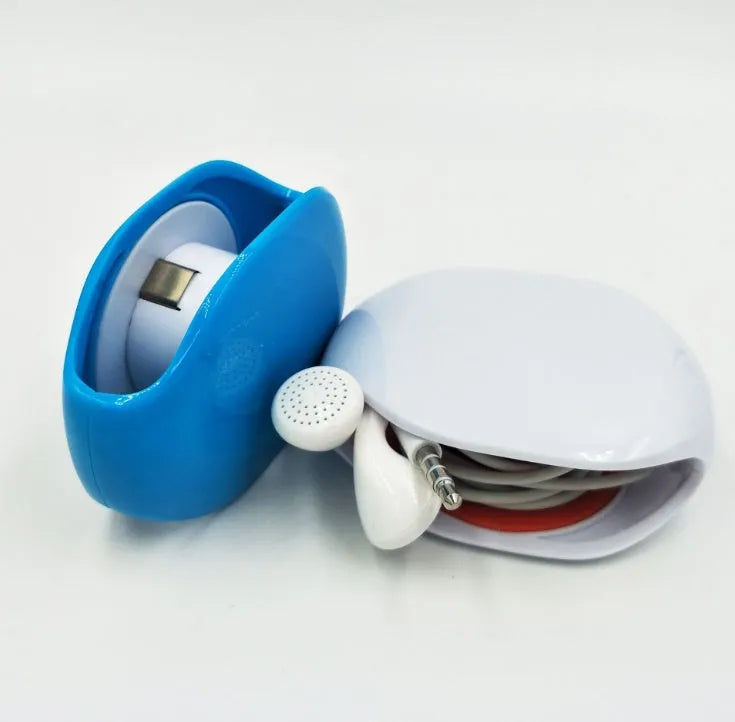 Automatic earphone cable retractor winder in a compact plastic storage box.