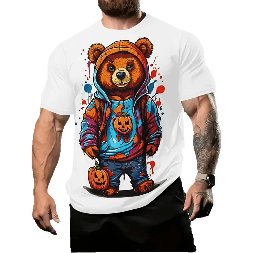 Men's loose fit short sleeve shirt with 3D cartoon print in milk silk and linen fabric