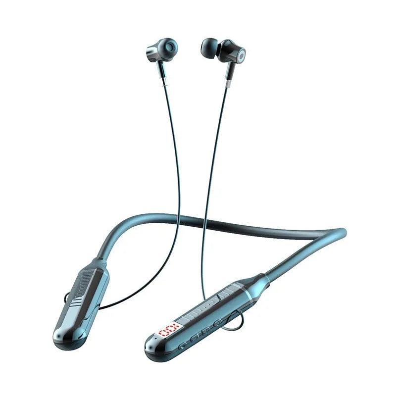 Wireless Bluetooth sports headset with neck-hanging design shown in black, red, purple, and green colour options