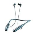 Wireless Bluetooth sports headset with neck-hanging design shown in black, red, purple, and green colour options
