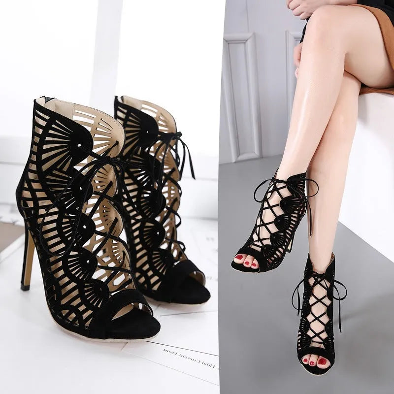 Black lace high heels with suede upper, fish mouth toe, stiletto heel above 8cm, and hollow design.