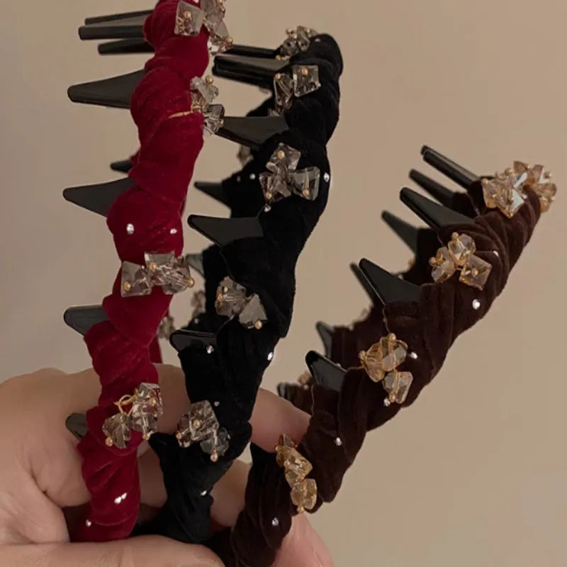 Velvet hairband with crystal wave design for non-slip face washing in wine red colour
