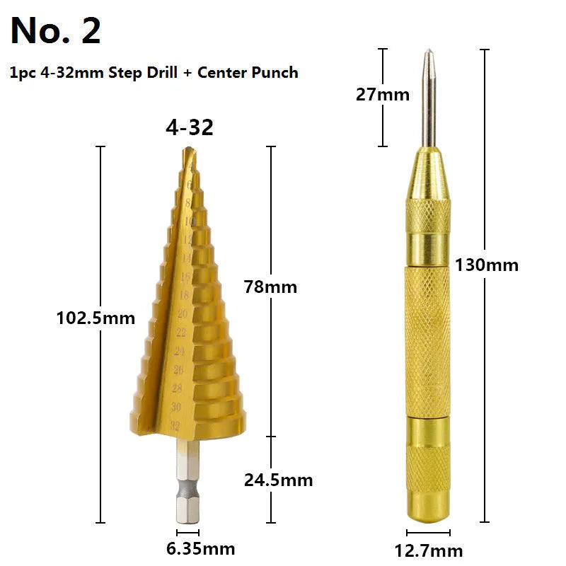 High speed steel step drill bit set with centre punch showing multiple hole sizes from 3mm to 32mm