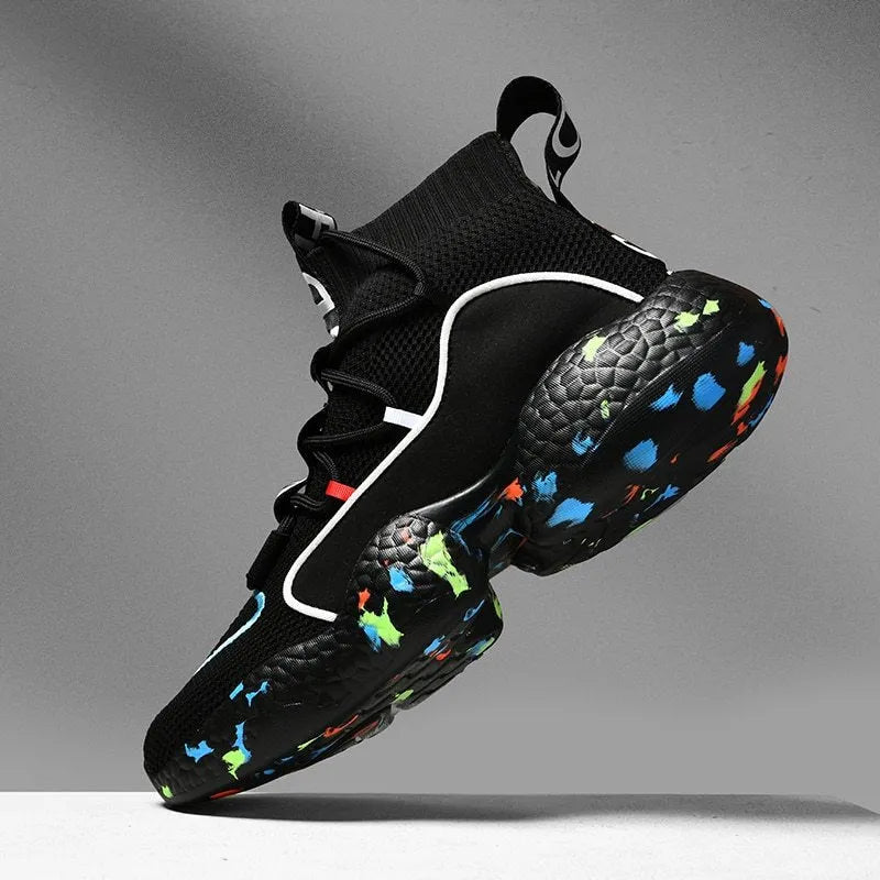 Men's camouflage patterned sneakers with mesh upper and flat rubber sole.