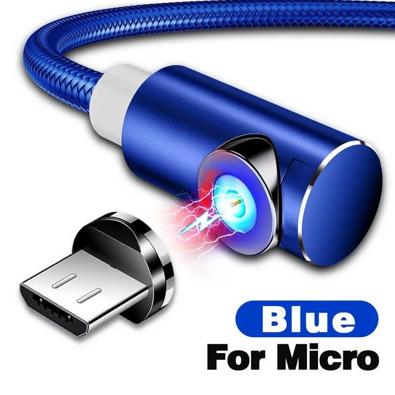 L-shape magnetic charging cable with aluminium housing in black, red, gold, or silver, showing Micro USB, Lightning and Type-C plug heads.