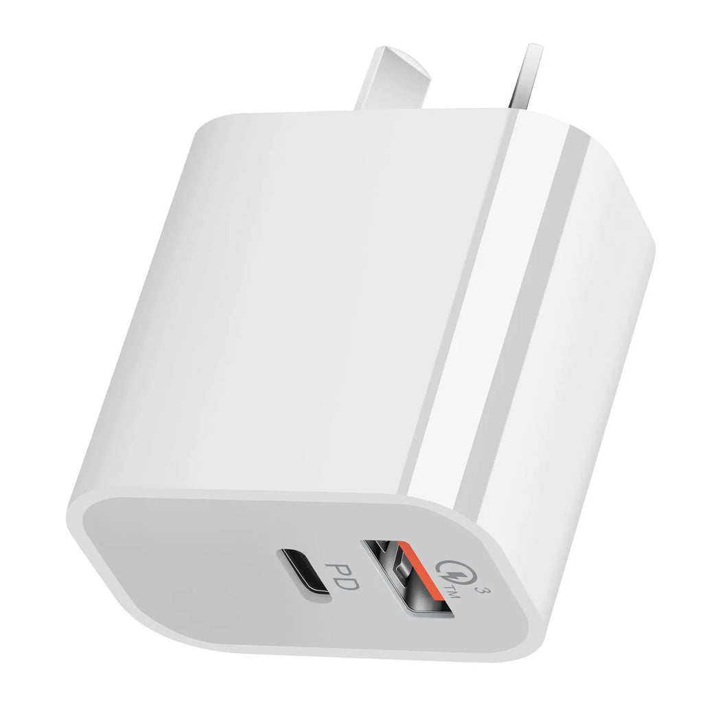White dual port Australian standard wall charger with USB-A and USB-C ports, 63x40x22mm