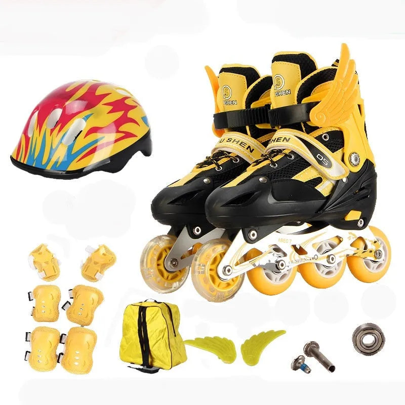 Adjustable children's roller skates with PU foam wheels and aluminium frame, including protective gear set and helmet