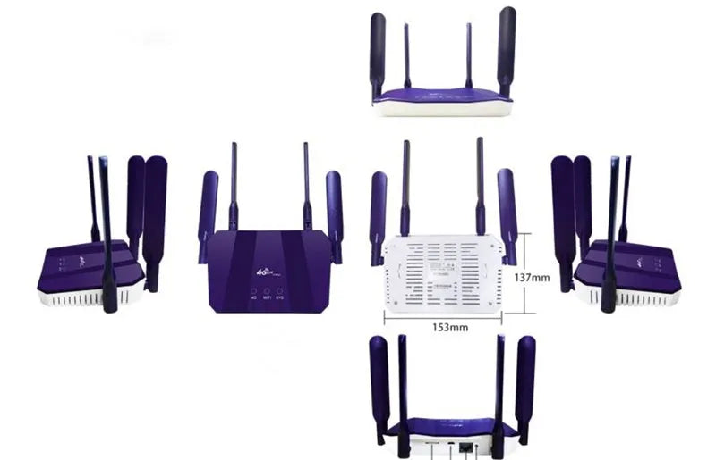 Blue dual mode 4G and wired router with four extended antennas showing front panel indicators