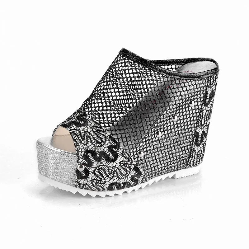 Korean platform flip-flops with a hollowed-out heel, chunky platform, and lace-up mesh upper in metallic colours.