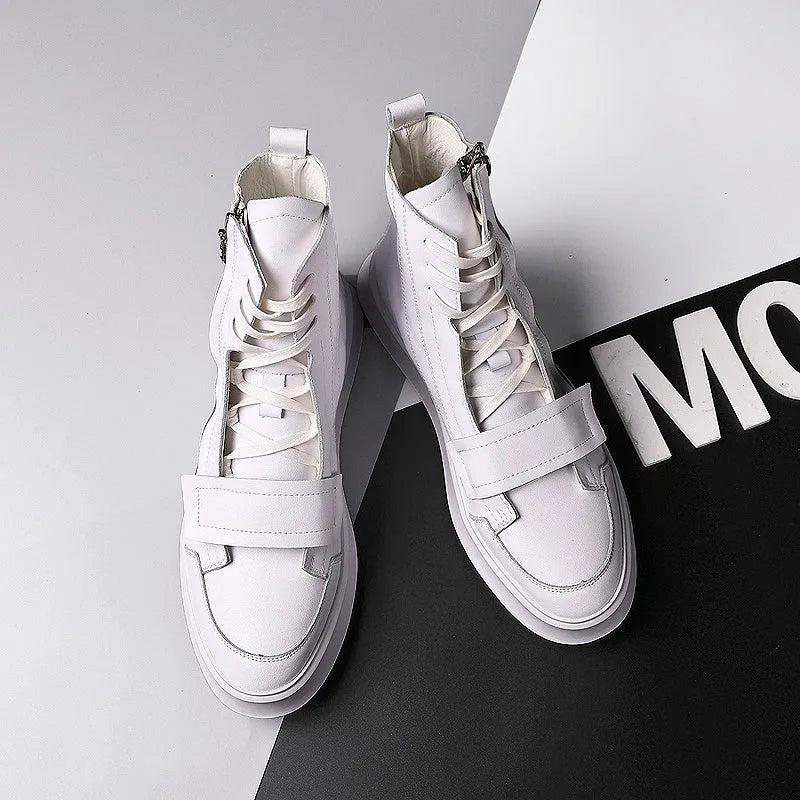 Men's black and white winter ankle boots with high-top sneaker design and PU leather microfiber upper