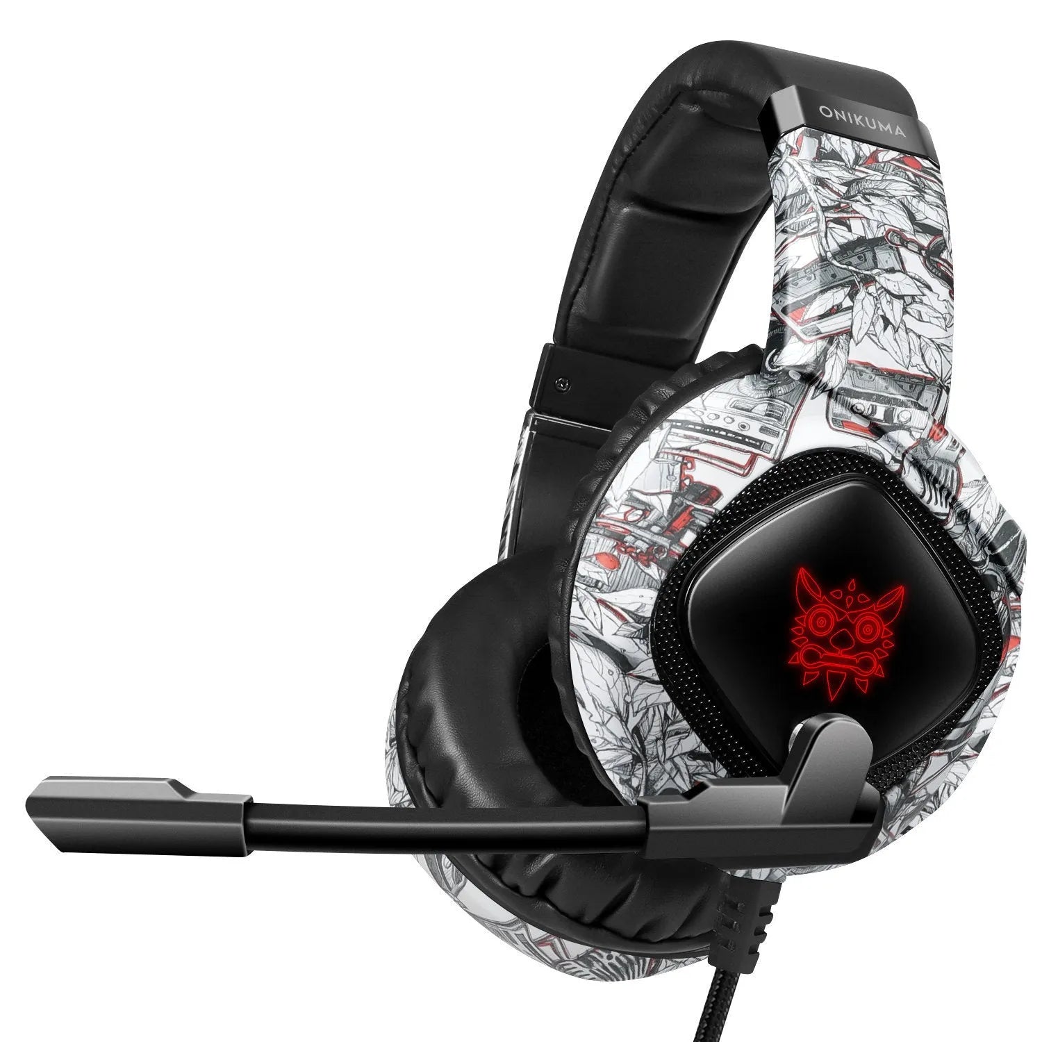ONIKUMA K19 gaming headset in black with RGB LED lighting and omnidirectional microphone on a desk