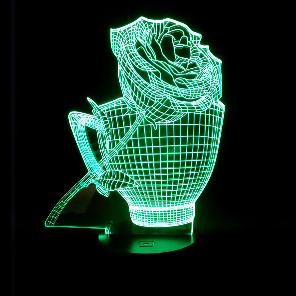 3D rose flower shaped night light with remote control on a table.