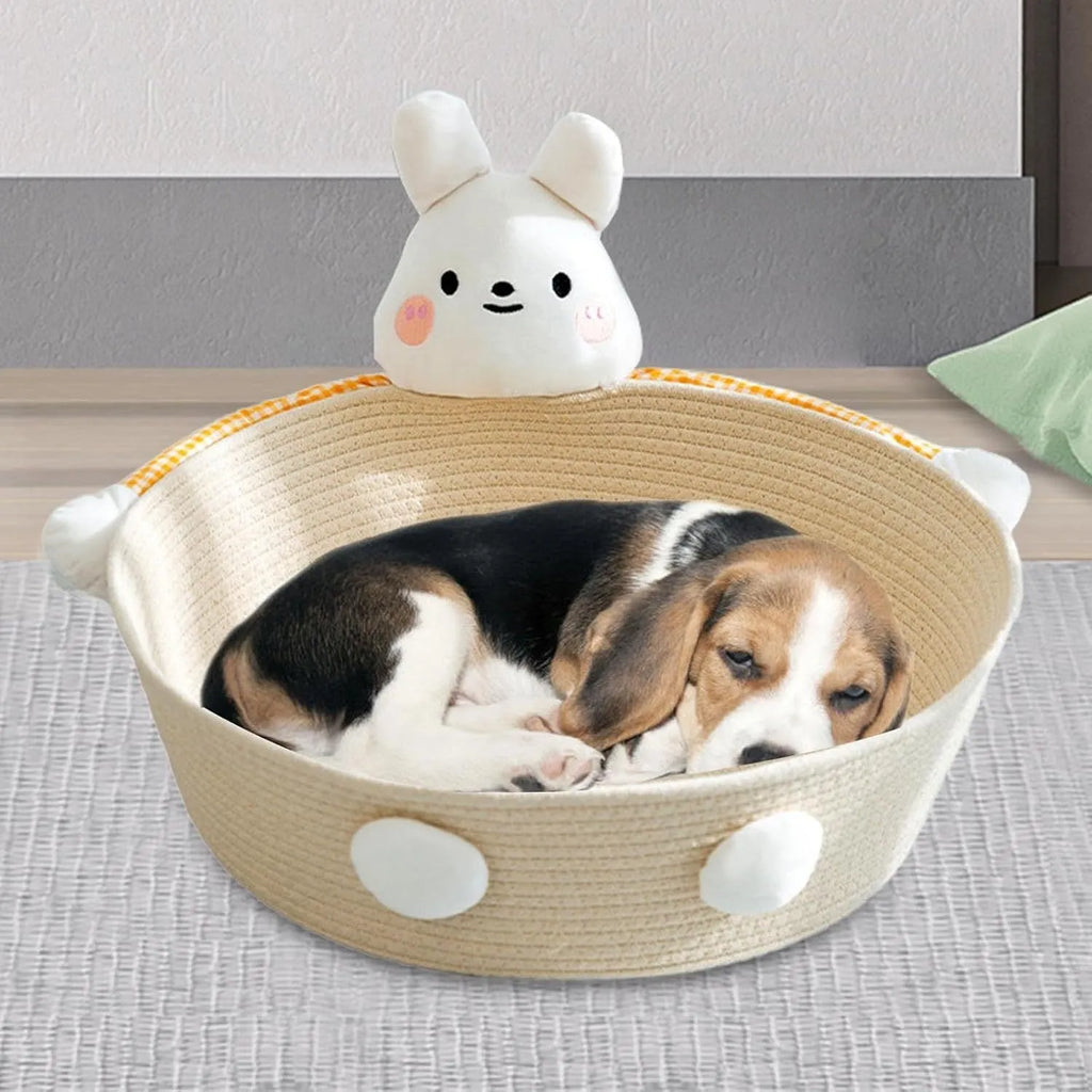Woven cotton rope cat bed with scratch board in basket design for indoor pets
