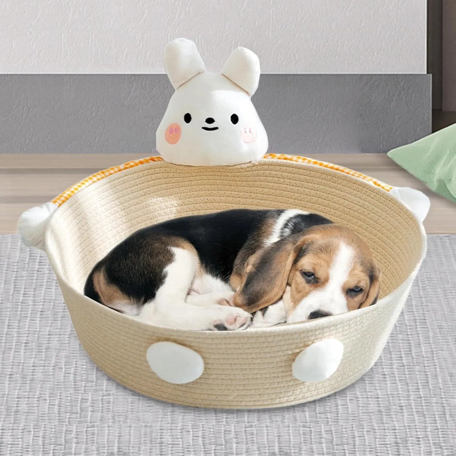 Woven cotton rope cat bed with scratch board in basket design for indoor pets