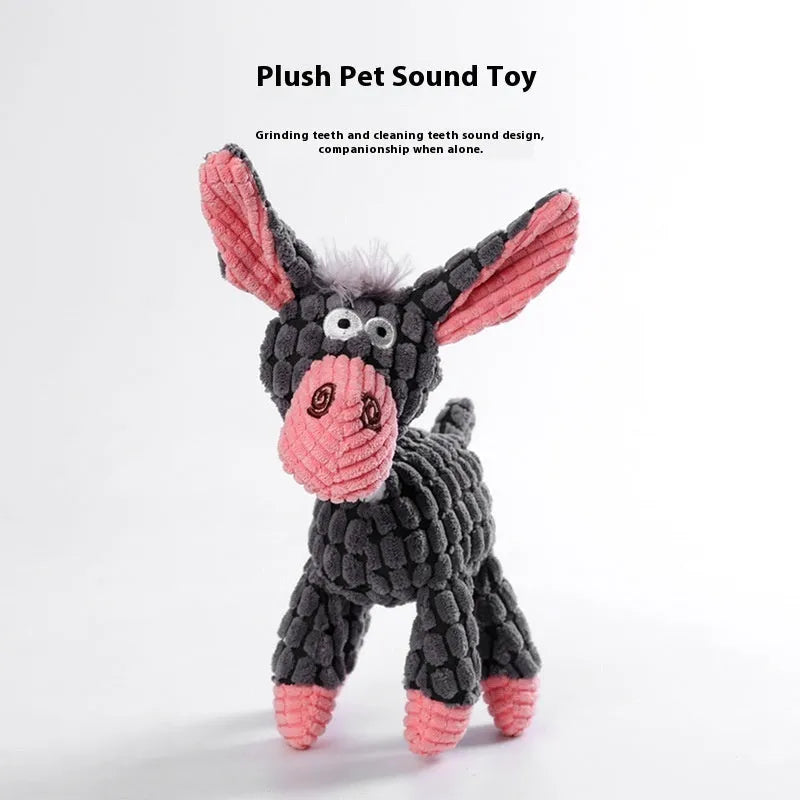 Plush pet chew toy in donkey design with pink grey colour for puppy bite relief