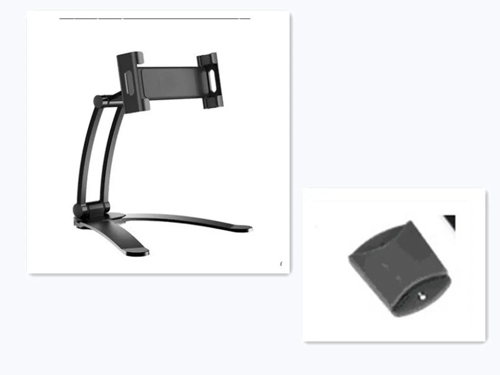 Silver aluminum alloy tablet stand with white mount holding tablet at adjustable angle