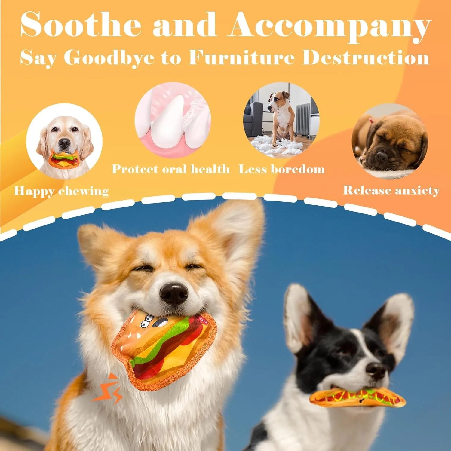 Food-themed dog chew toy in a hamburger design with red, yellow, and green colours, showcasing its no-stuffing construction.