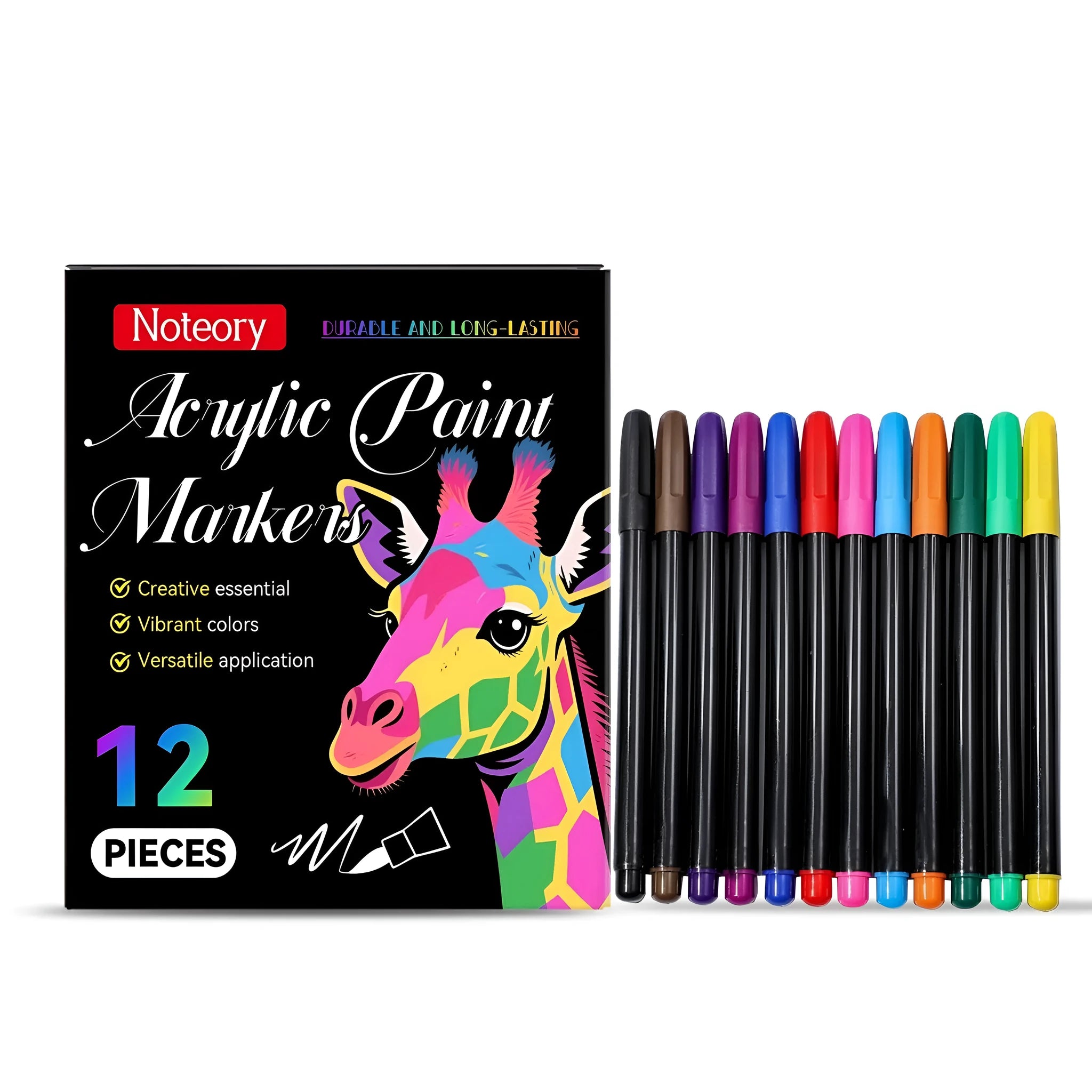 Set of 12 acrylic paint markers with opaque ink for crafts and rock painting on a work surface.