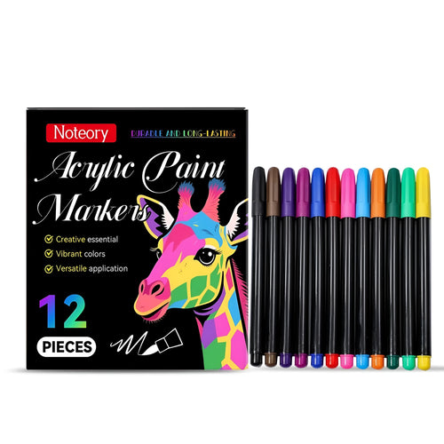 Set of 12 acrylic paint markers with opaque ink for crafts and rock painting on a work surface.