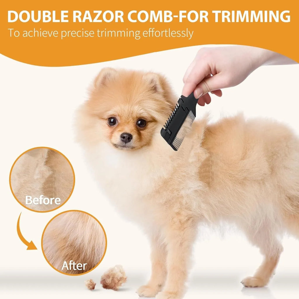 Razor comb for dogs and cats showing comb teeth and trimming blade, with pack of 10 spare blades.