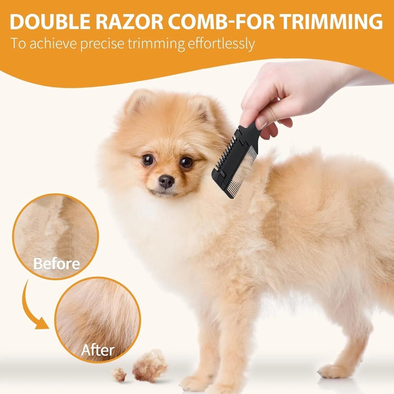 Razor comb for dogs and cats showing comb teeth and trimming blade, with pack of 10 spare blades.