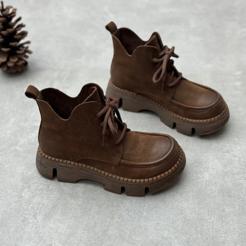 Women's cowhide leather lace-up wedge boots in coffee colour with round toe and rubber sole