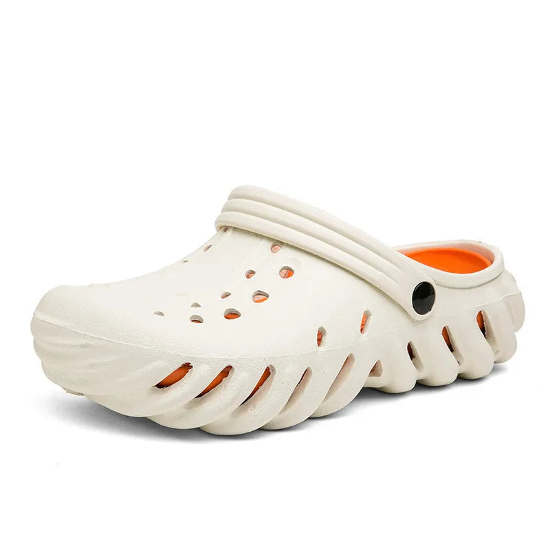 Men's beige EVA hole shoes showing hollow out design and non-slip sole
