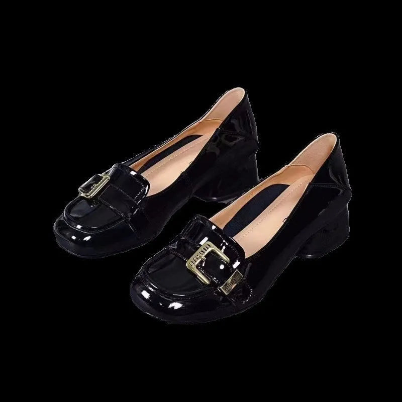 Pair of new British soft-soled women's flats in solid colour black with square heel and cowhide upper