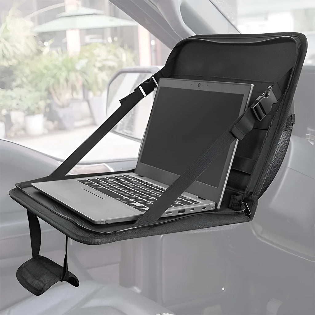 Black Oxford cloth computer bag with nylon lining and sewing thread details