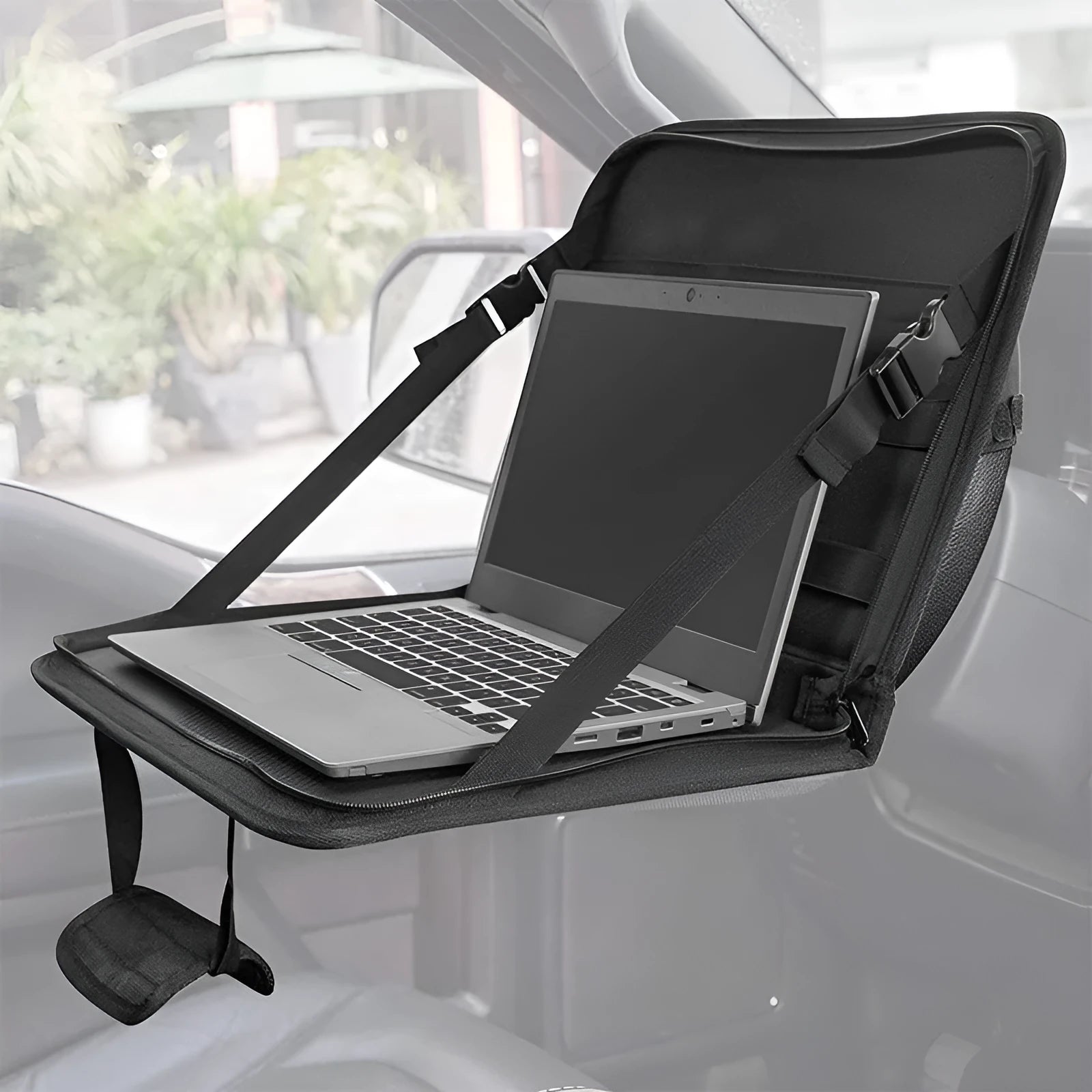 Black Oxford cloth computer bag with nylon lining and sewing thread details