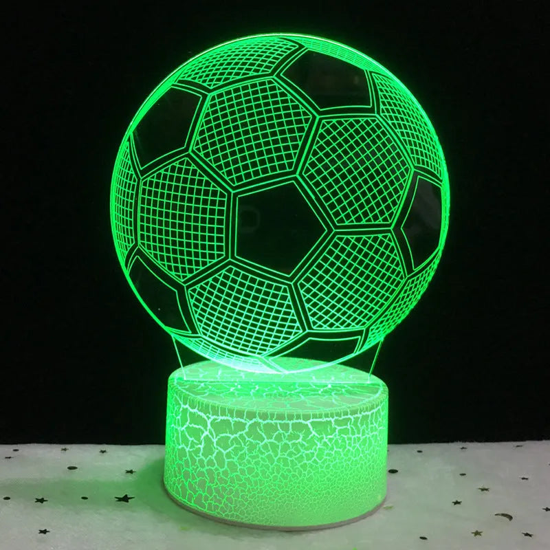 3D football-shaped night light with colourful LED illumination on an ABS base.