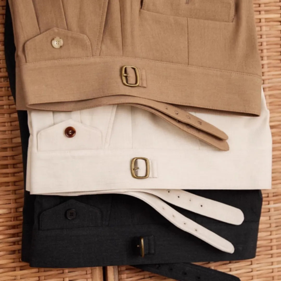 Slim fit straight leg business trousers for men in dark grey, light brown, and light apricot colours